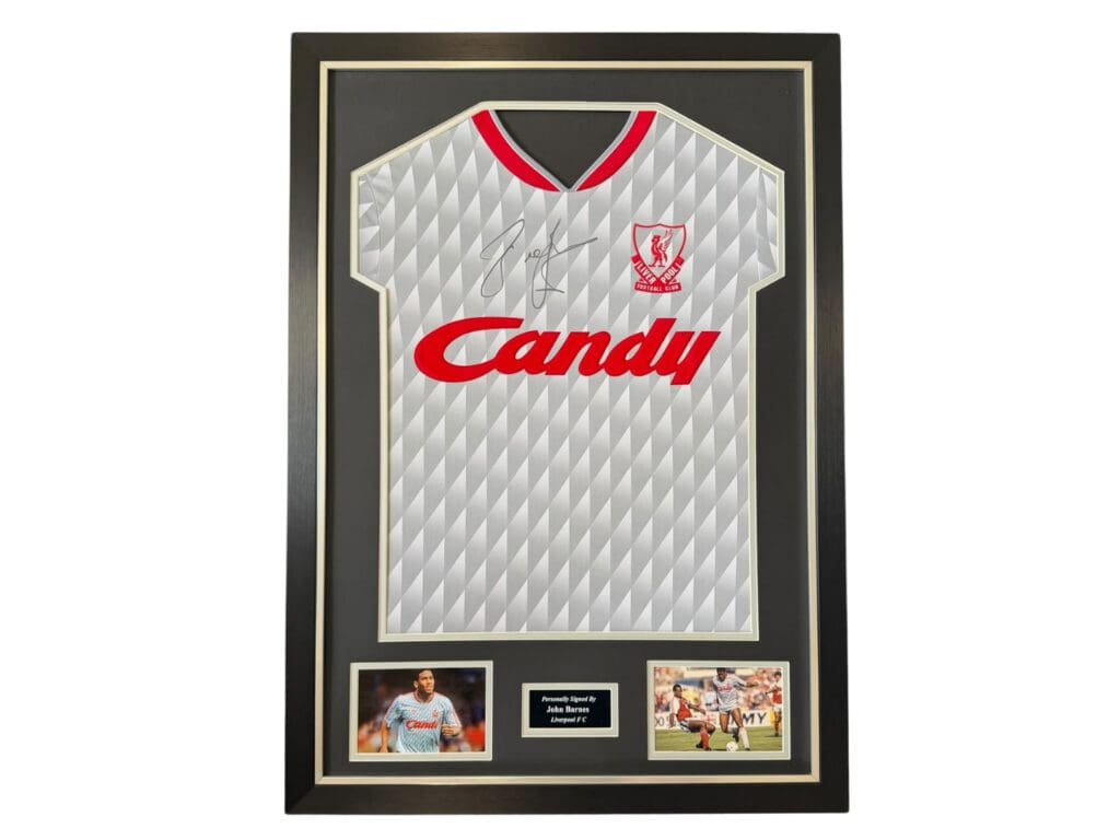John Barnes Liverpool away Grey candy shirt front signed